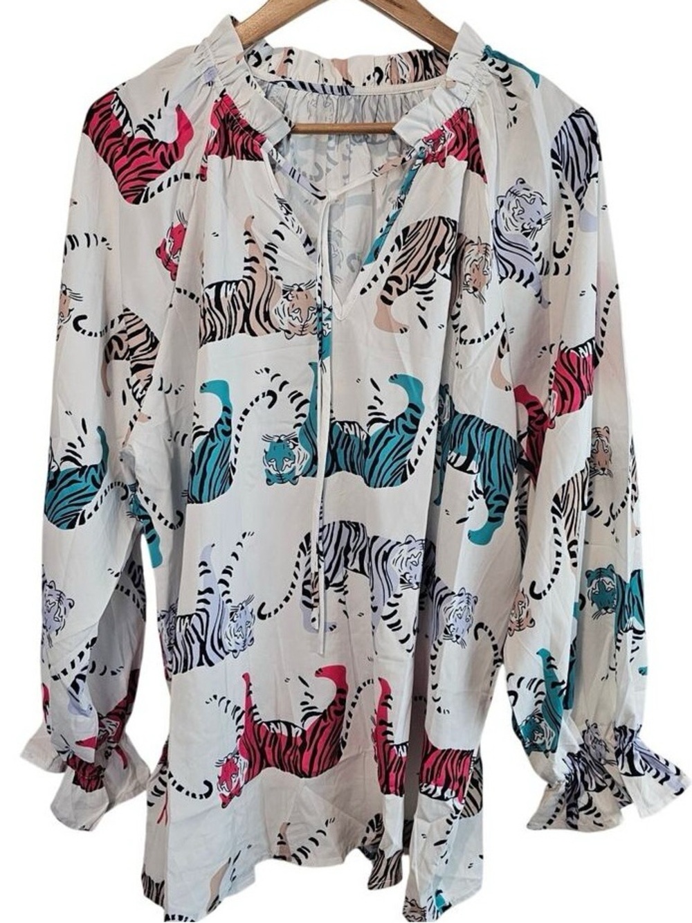 Cream Tiger-Print Long Sleeve Blouse with Multicolor Accents